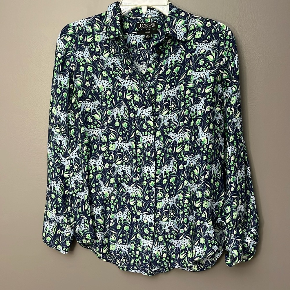 J. Crew Re-Imagined Blue Animal Button-Up Blouse Top Women Size 00